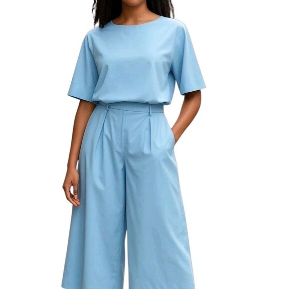 Zanzea Top And  Pants Set Womans Large Baby Blue Ultra Wide Leg Stretch NWT - Picture 1 of 13